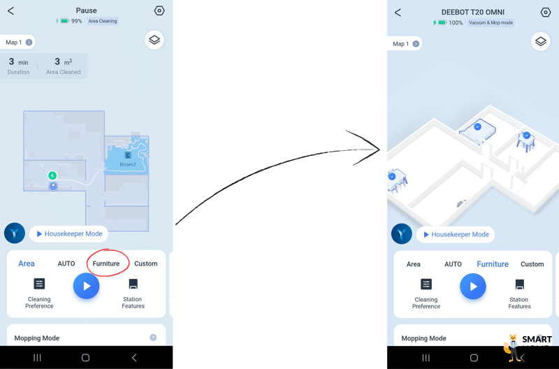 In der ECOVACS DEEBOT T20 OMNI App werden die einzelnen Möbelstücke ausgewählt, unter denen gereinigt werden soll.